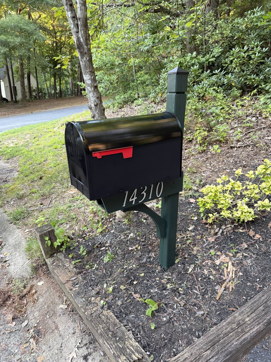 Custom HOA mailbox, green post with black mailbox and brushed aluminum numbers