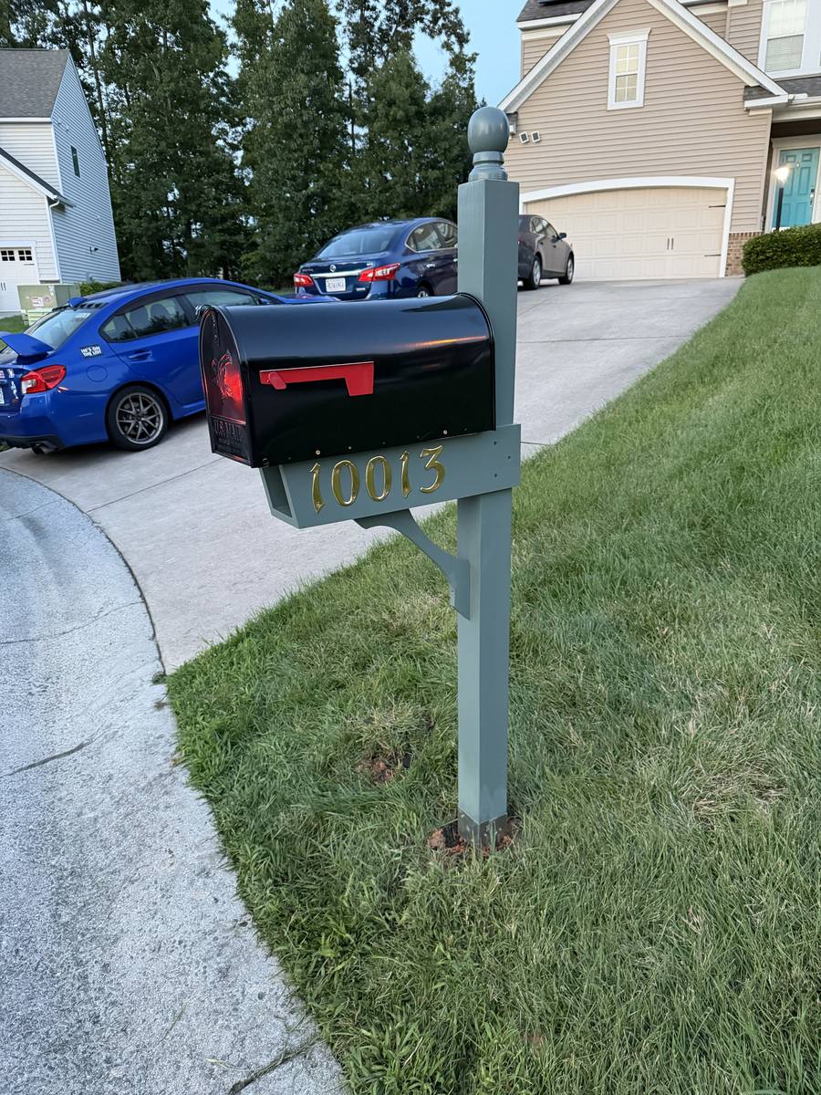 Custom HOA mailbox, slate blue post with ball finial and brass numbers