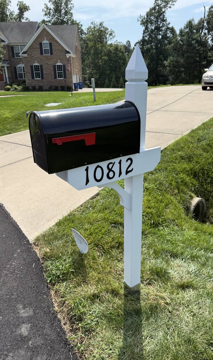 Custom HOA mailbox, white spire-cap post with address plaque