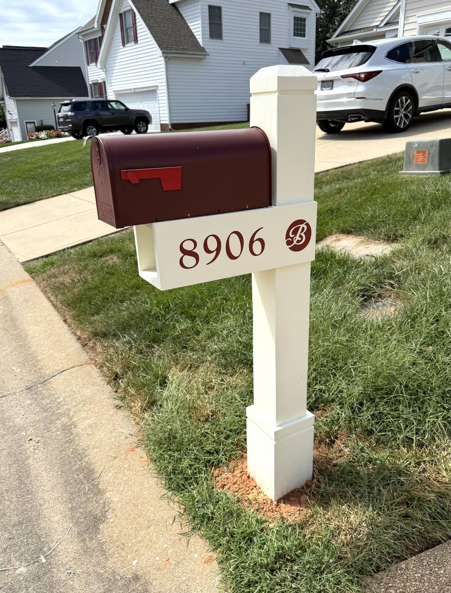 Custom HOA mailbox, matching cream and burgundy monogram build