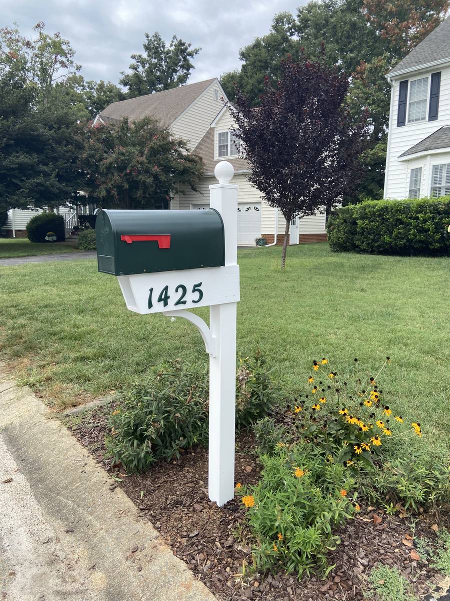 Custom HOA mailbox, white post with hunter green box and carved numbers