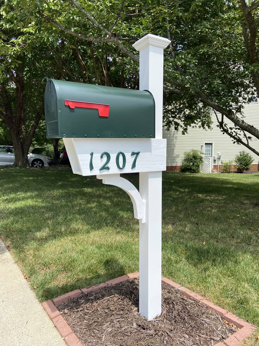 Custom HOA mailbox, white post with green box and raised numerals