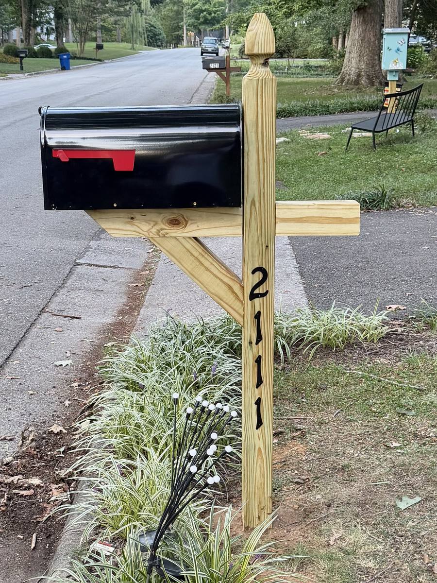 Standard mailbox replacement, braced wood post with black mailbox