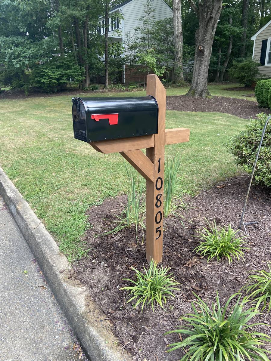 Standard mailbox replacement, cedar-stained post with black mailbox