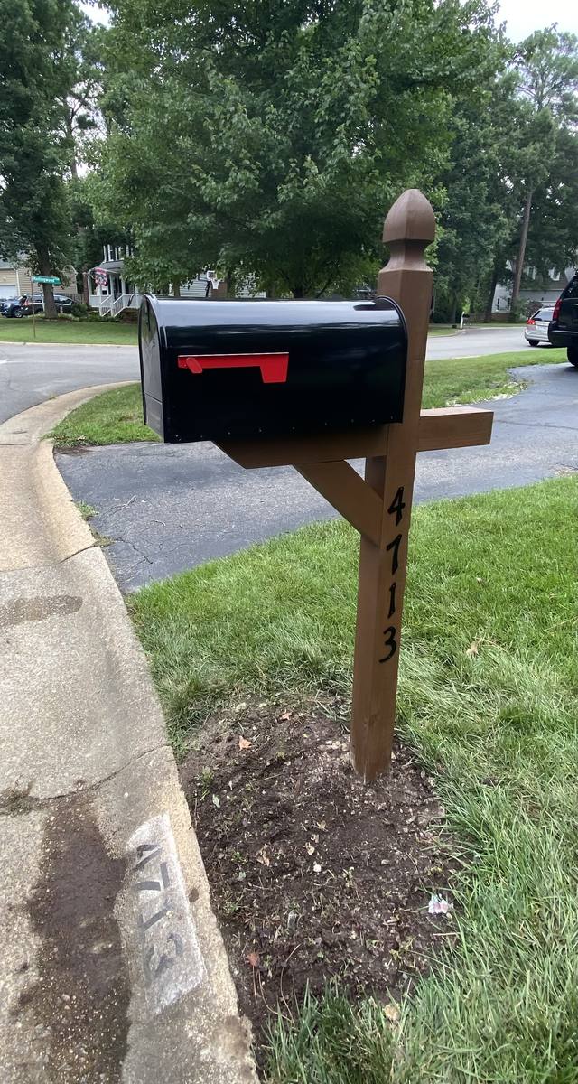 Standard mailbox replacement, corner-lot install with acorn finial